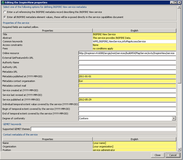 Editing the INSPIRE View service properties Editing the INSPIRE View service properties